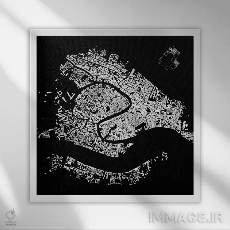 تابلو نقشهٔ شهری ونیز (سیاه) اثر اوربانمپ (نقشه شهری؛ استودیو نقشه یا طراح) - نمای قابدار سفید