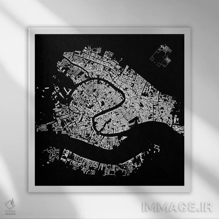 تابلو نقشهٔ شهری ونیز (سیاه) اثر اوربانمپ (نقشه شهری؛ استودیو نقشه یا طراح) - نمای قابدار سفید
