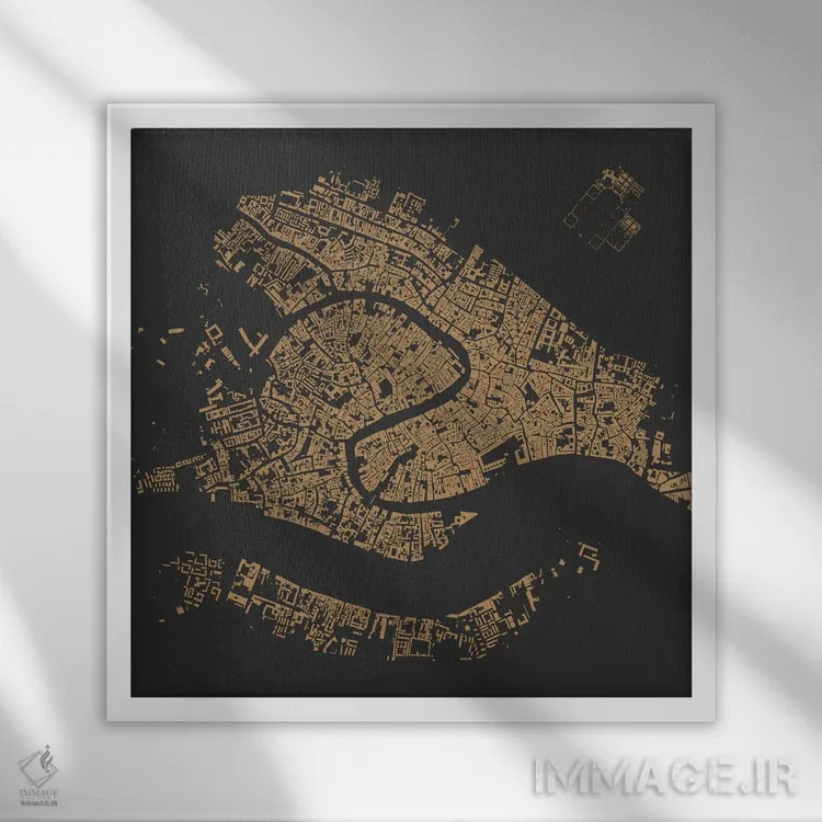 تابلو نقشهٔ شهری ونیز (طلایی) اثر اوربانمپ (نقشه شهری؛ استودیو نقشه یا طراح) - نمای قابدار سفید