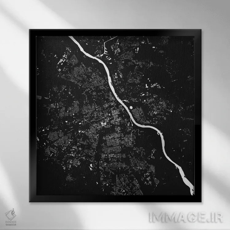 تابلو نقشهٔ شهری ورشو (سیاه) اثر اوربانمپ (نقشه شهری؛ استودیو نقشه یا طراح) - نمای قابدار مشکی