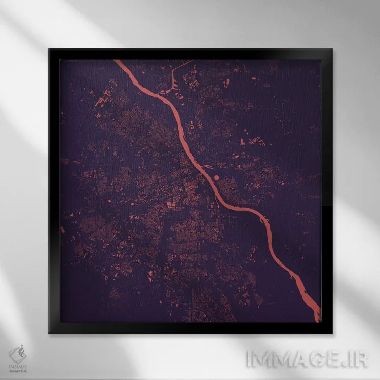 تابلو نقشهٔ شهری ورشو (شب بنفش) اثر اوربانمپ (نقشه شهری؛ استودیو نقشه یا طراح) - نمای قابدار مشکی