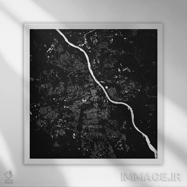 تابلو نقشهٔ شهری ورشو (سیاه) اثر اوربانمپ (نقشه شهری؛ استودیو نقشه یا طراح) - نمای قابدار سفید