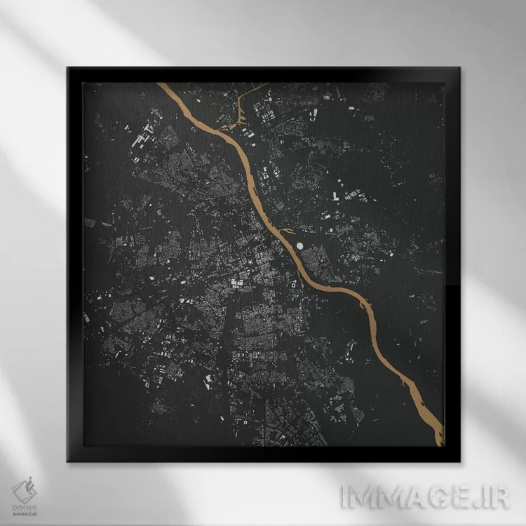 تابلو نقشهٔ شهری ورشو (طلایی) اثر اوربانمپ (نقشه شهری؛ استودیو نقشه یا طراح) - نمای قابدار مشکی