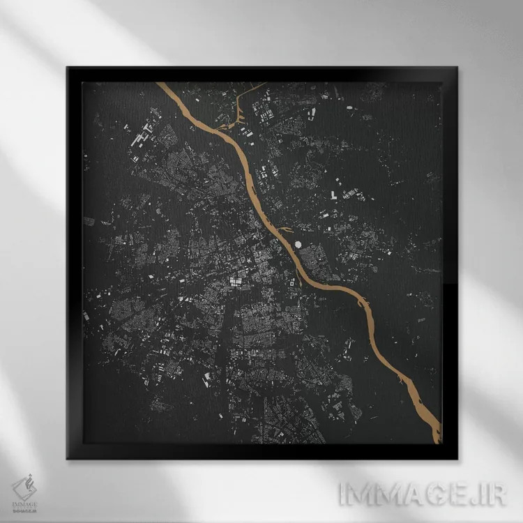 تابلو نقشهٔ شهری ورشو (طلایی) اثر اوربانمپ (نقشه شهری؛ استودیو نقشه یا طراح) - نمای قابدار مشکی