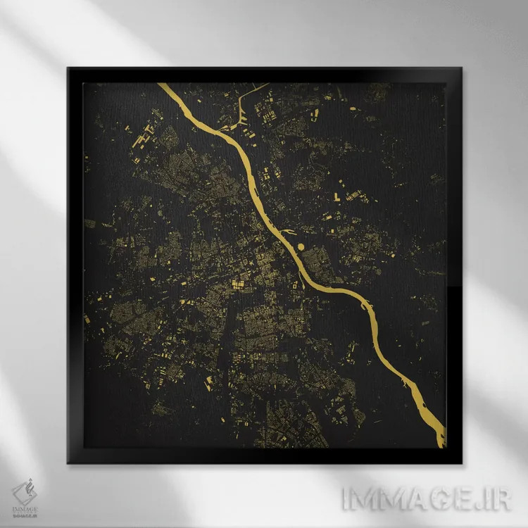 تابلو نقشهٔ شهری ورشو (زرد) اثر اوربانمپ (نقشه شهری؛ استودیو نقشه یا طراح) - نمای قابدار مشکی