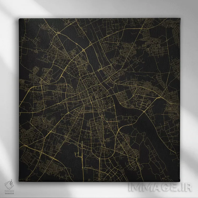 تابلو نقشهٔ جادههای شهری ورشو (زرد) اثر اوربانمپ (نقشه شهری؛ استودیو نقشه یا طراح) - نمای روبهرو روی دیوار