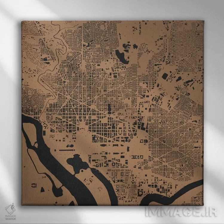 تابلو نقشهٔ شهری واشینگتن دیسی (طلایی) اثر اوربانمپ (نقشه شهری؛ استودیو نقشه یا طراح) - نمای روبهرو روی دیوار