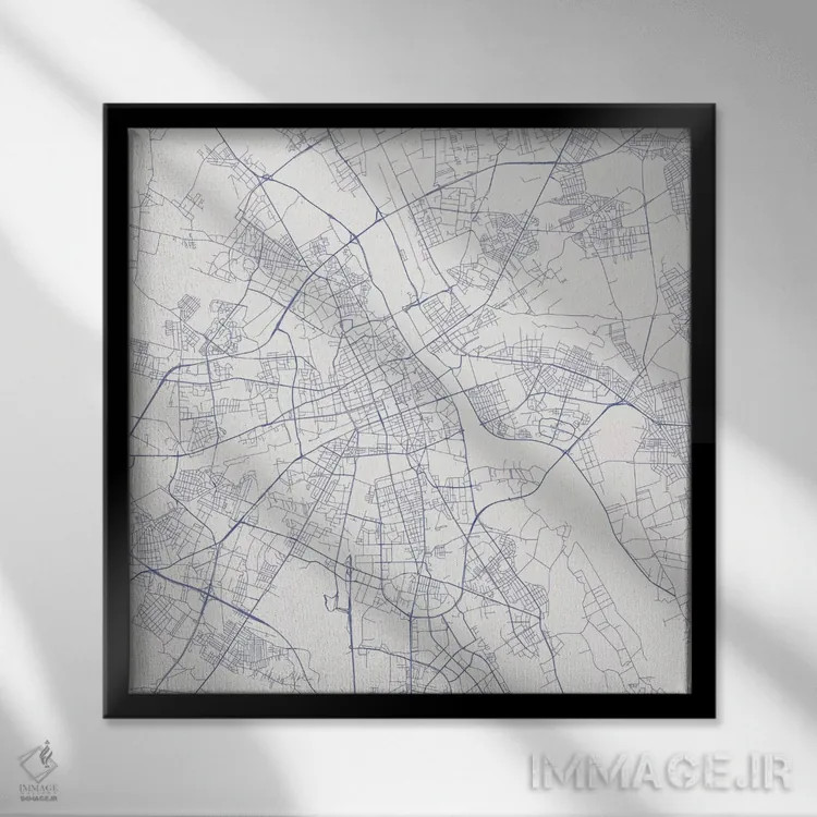 تابلو نقشهٔ جادههای شهری ورشو (آبی) اثر اوربانمپ (نقشه شهری؛ استودیو نقشه یا طراح) - نمای قابدار مشکی