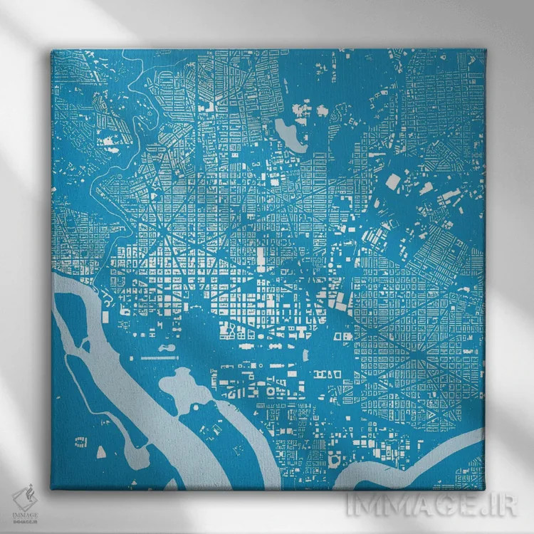 تابلو نقشهٔ شهری واشینگتن دیسی (آبی) اثر اوربانمپ (نقشه شهری؛ استودیو نقشه یا طراح) - نمای روبهرو روی دیوار