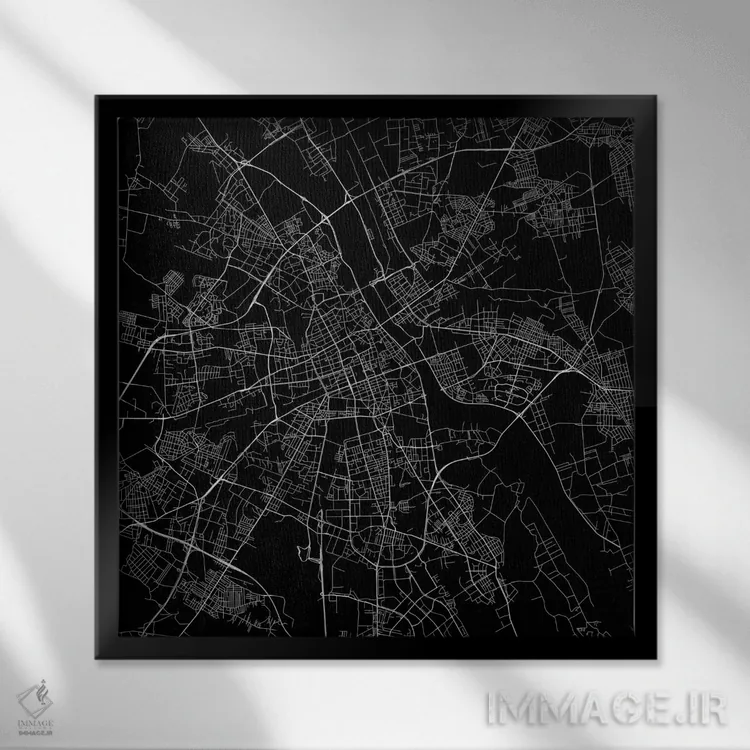 تابلو نقشهٔ جادههای شهری ورشو (سیاه) اثر اوربانمپ (نقشه شهری؛ استودیو نقشه یا طراح) - نمای قابدار مشکی