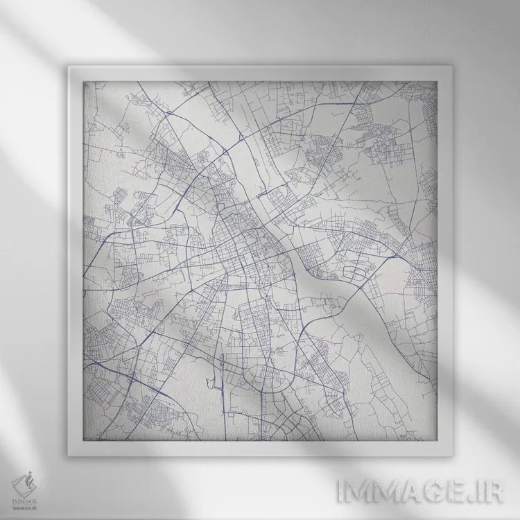 تابلو نقشهٔ جادههای شهری ورشو (آبی) اثر اوربانمپ (نقشه شهری؛ استودیو نقشه یا طراح) - نمای قابدار سفید