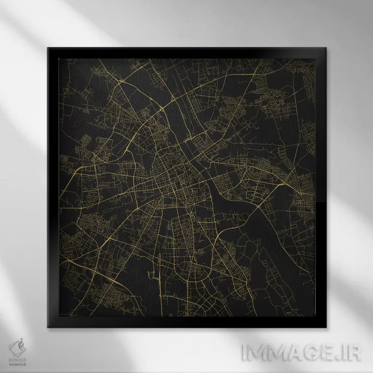 تابلو نقشهٔ جادههای شهری ورشو (زرد) اثر اوربانمپ (نقشه شهری؛ استودیو نقشه یا طراح) - نمای قابدار مشکی