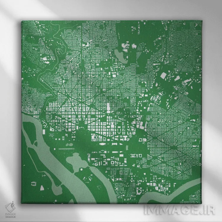 تابلو نقشهٔ شهری واشینگتن دیسی (سبز) اثر اوربانمپ (نقشه شهری؛ استودیو نقشه یا طراح) - نمای روبهرو روی دیوار