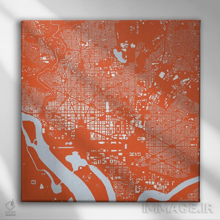 تابلو نقشهٔ شهری واشینگتن دیسی (قرمز) اثر اوربانمپ (نقشه شهری؛ استودیو نقشه یا طراح) - نمای روبهرو روی دیوار