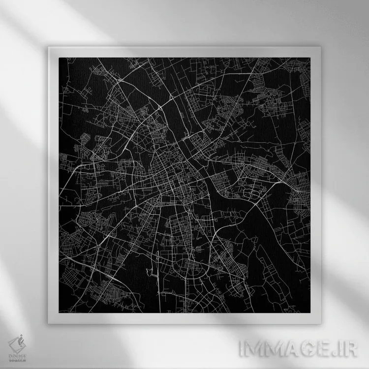 تابلو نقشهٔ جادههای شهری ورشو (سیاه) اثر اوربانمپ (نقشه شهری؛ استودیو نقشه یا طراح) - نمای قابدار سفید