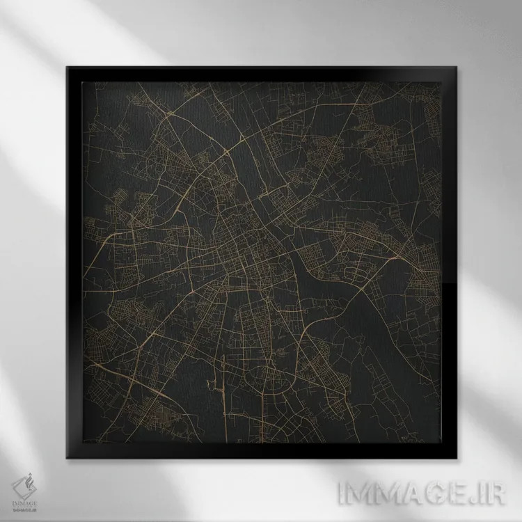 تابلو نقشهٔ جادههای شهری ورشو (طلایی) اثر اوربانمپ (نقشه شهری؛ استودیو نقشه یا طراح) - نمای قابدار مشکی
