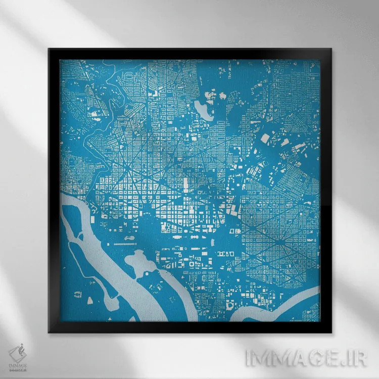 تابلو نقشهٔ شهری واشینگتن دیسی (آبی) اثر اوربانمپ (نقشه شهری؛ استودیو نقشه یا طراح) - نمای قابدار مشکی