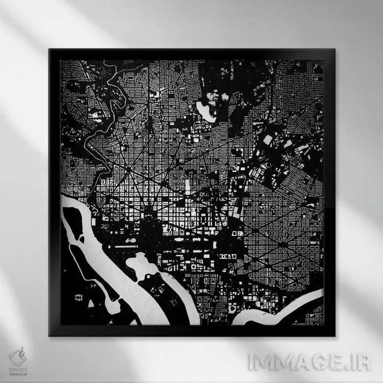 تابلو نقشهٔ شهری واشینگتن دیسی (سیاه) اثر اوربانمپ (نقشه شهری؛ استودیو نقشه یا طراح) - نمای قابدار مشکی