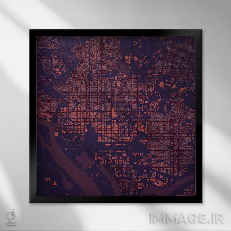 تابلو نقشهٔ شهری واشینگتن دیسی (شب بنفش) اثر اوربانمپ (نقشه شهری؛ استودیو نقشه یا طراح) - نمای قابدار مشکی