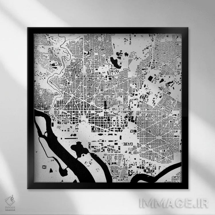 تابلو نقشهٔ شهری واشینگتن دیسی (سفید) اثر اوربانمپ (نقشه شهری؛ استودیو نقشه یا طراح) - نمای قابدار مشکی