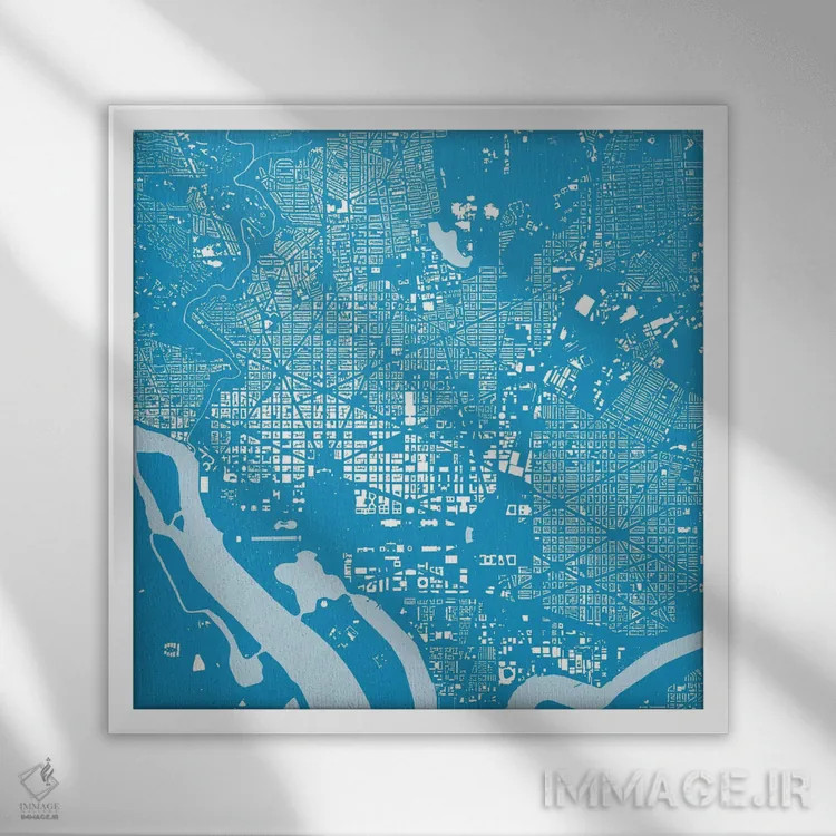 تابلو نقشهٔ شهری واشینگتن دیسی (آبی) اثر اوربانمپ (نقشه شهری؛ استودیو نقشه یا طراح) - نمای قابدار سفید