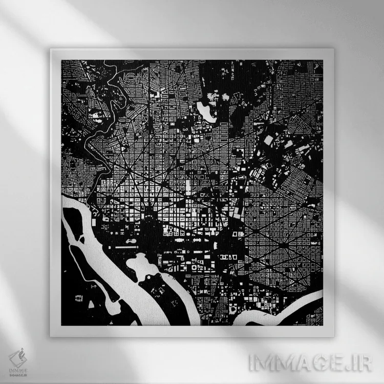 تابلو نقشهٔ شهری واشینگتن دیسی (سیاه) اثر اوربانمپ (نقشه شهری؛ استودیو نقشه یا طراح) - نمای قابدار سفید