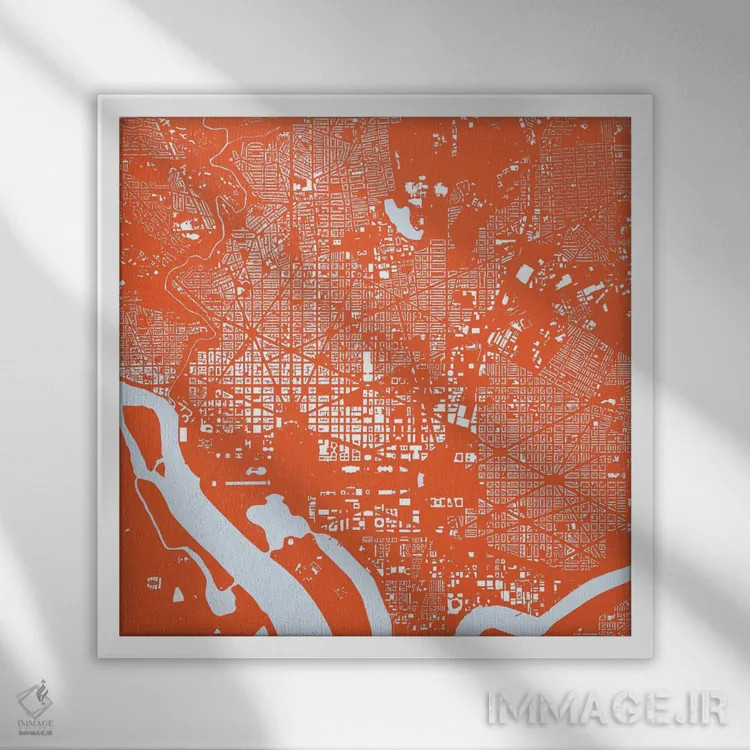تابلو نقشهٔ شهری واشینگتن دیسی (قرمز) اثر اوربانمپ (نقشه شهری؛ استودیو نقشه یا طراح) - نمای قابدار سفید