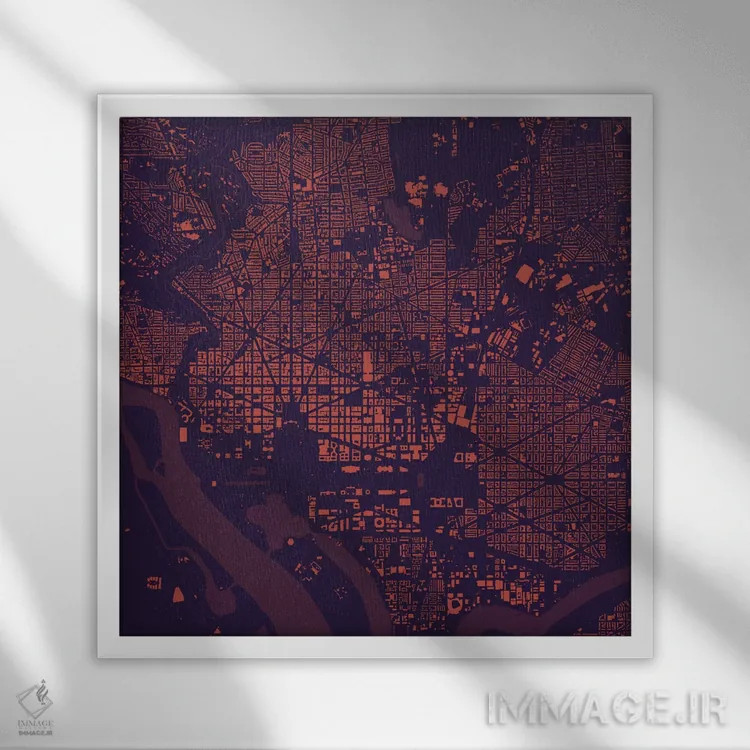 تابلو نقشهٔ شهری واشینگتن دیسی (شب بنفش) اثر اوربانمپ (نقشه شهری؛ استودیو نقشه یا طراح) - نمای قابدار سفید