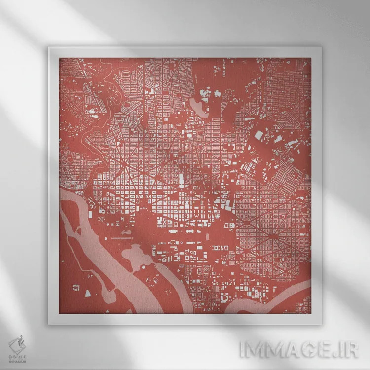 تابلو نقشهٔ شهری واشینگتن دیسی (صورتی) اثر اوربانمپ (نقشه شهری؛ استودیو نقشه یا طراح) - نمای قابدار سفید