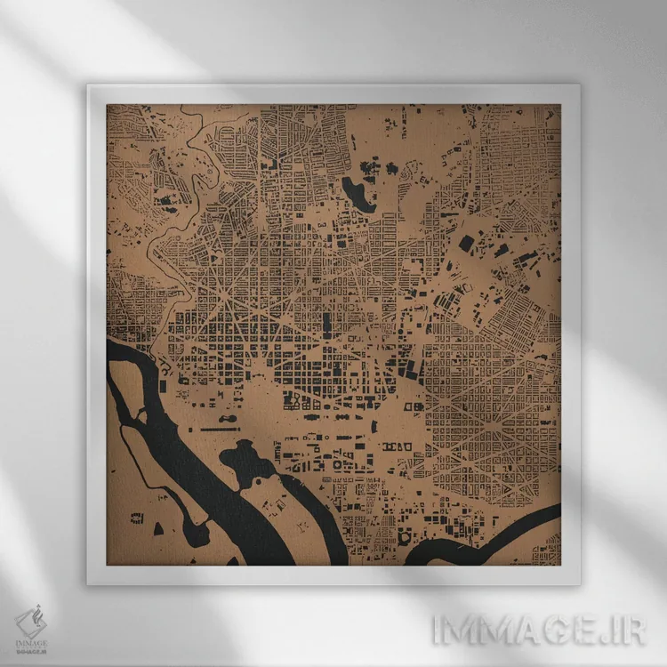 تابلو نقشهٔ شهری واشینگتن دیسی (طلایی) اثر اوربانمپ (نقشه شهری؛ استودیو نقشه یا طراح) - نمای قابدار سفید