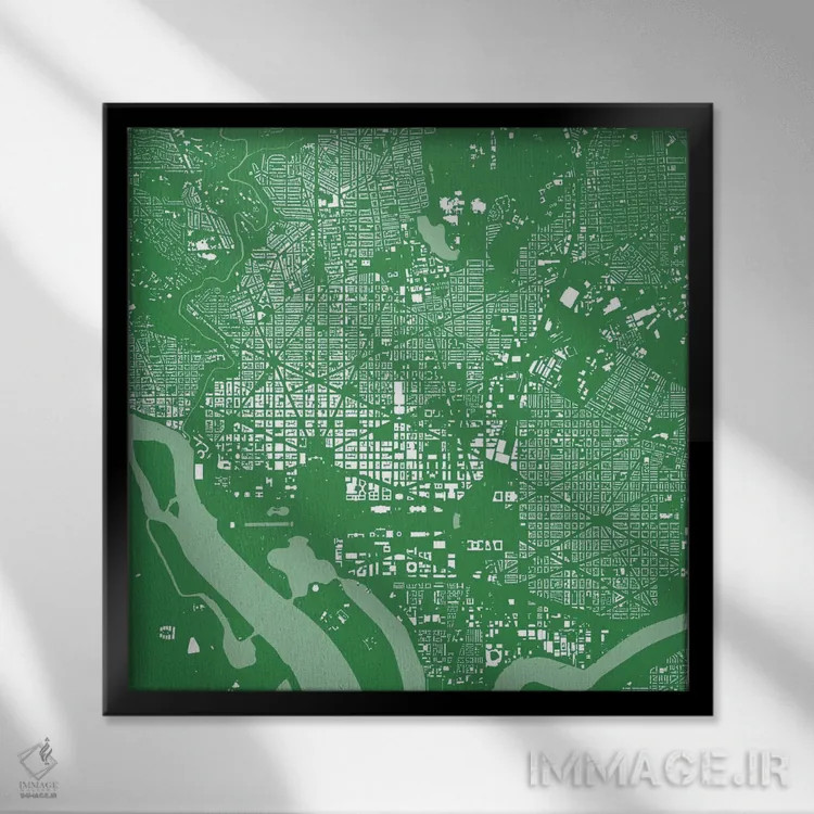 تابلو نقشهٔ شهری واشینگتن دیسی (سبز) اثر اوربانمپ (نقشه شهری؛ استودیو نقشه یا طراح) - نمای قابدار مشکی