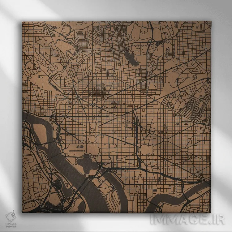 تابلو نقشهٔ جادههای شهری واشینگتن دیسی (طلایی) اثر اوربانمپ (نقشه شهری؛ استودیو نقشه یا طراح) - نمای روبهرو روی دیوار