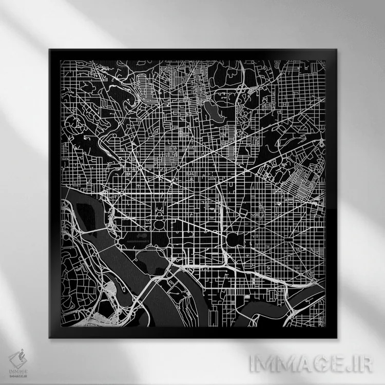 تابلو نقشهٔ جادههای شهری واشینگتن دیسی (سیاه) اثر اوربانمپ (نقشه شهری؛ استودیو نقشه یا طراح) - نمای قابدار مشکی