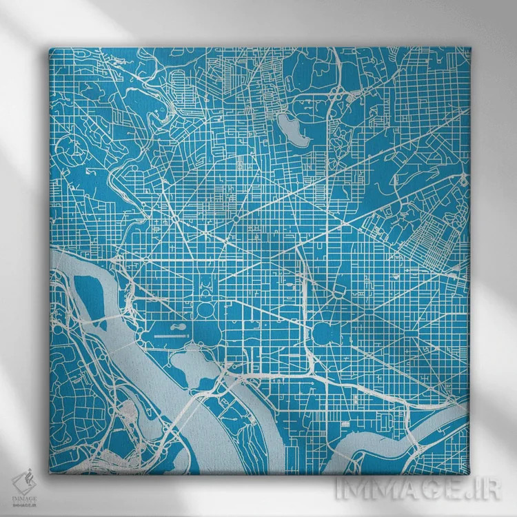 تابلو نقشهٔ جادههای شهری واشینگتن دیسی (آبی) اثر اوربانمپ (نقشه شهری؛ استودیو نقشه یا طراح) - نمای روبهرو روی دیوار