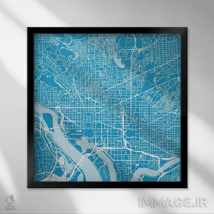 تابلو نقشهٔ جادههای شهری واشینگتن دیسی (آبی) اثر اوربانمپ (نقشه شهری؛ استودیو نقشه یا طراح) - نمای قابدار مشکی