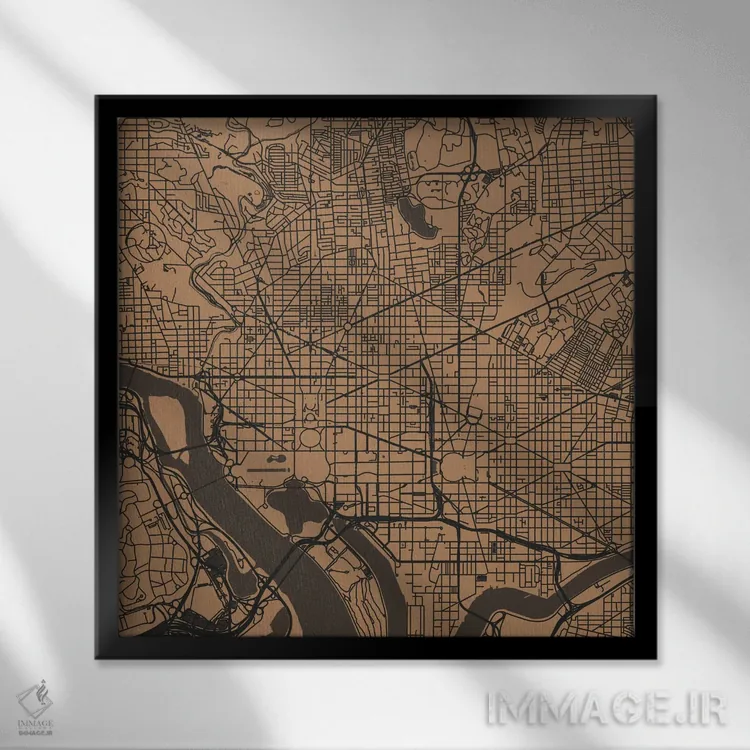 تابلو نقشهٔ جادههای شهری واشینگتن دیسی (طلایی) اثر اوربانمپ (نقشه شهری؛ استودیو نقشه یا طراح) - نمای قابدار مشکی
