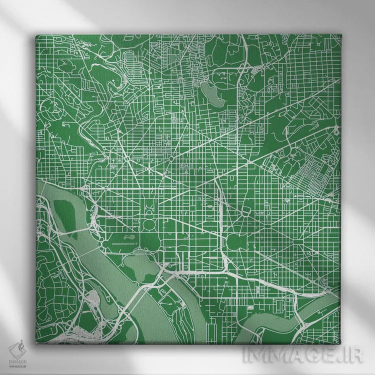 تابلو نقشهٔ جادههای شهری واشینگتن دیسی (سبز) اثر اوربانمپ (نقشه شهری؛ استودیو نقشه یا طراح) - نمای روبهرو روی دیوار