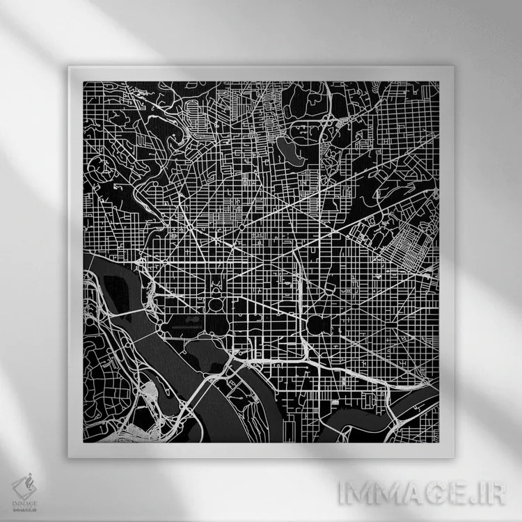 تابلو نقشهٔ جادههای شهری واشینگتن دیسی (سیاه) اثر اوربانمپ (نقشه شهری؛ استودیو نقشه یا طراح) - نمای قابدار سفید