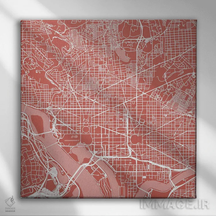 تابلو نقشهٔ جادههای شهری واشینگتن دیسی (صورتی) اثر اوربانمپ (نقشه شهری؛ استودیو نقشه یا طراح) - نمای روبهرو روی دیوار