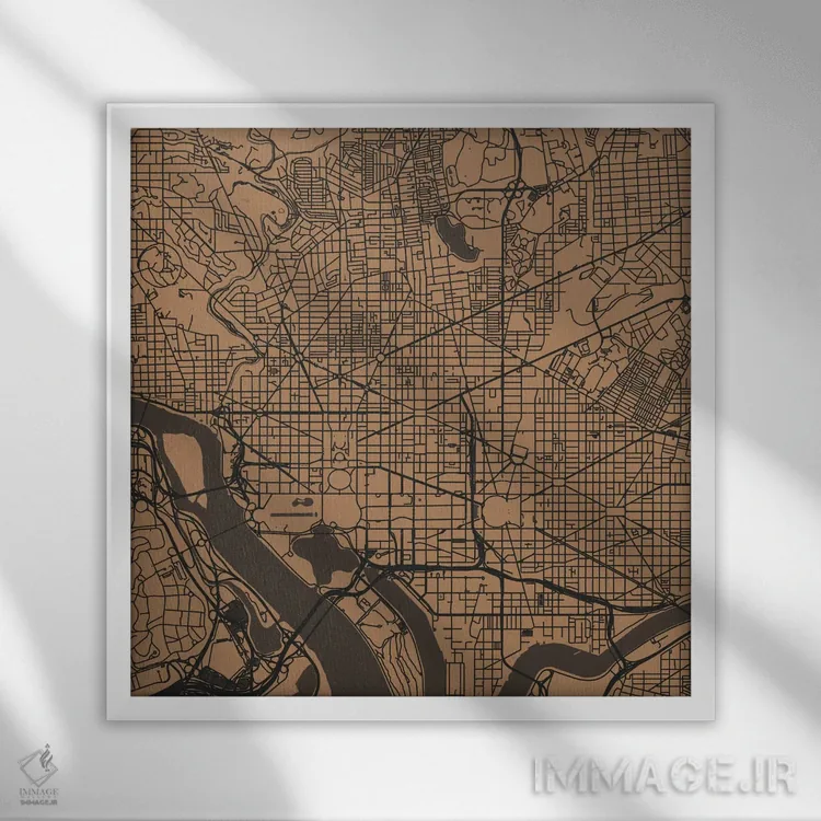 تابلو نقشهٔ جادههای شهری واشینگتن دیسی (طلایی) اثر اوربانمپ (نقشه شهری؛ استودیو نقشه یا طراح) - نمای قابدار سفید