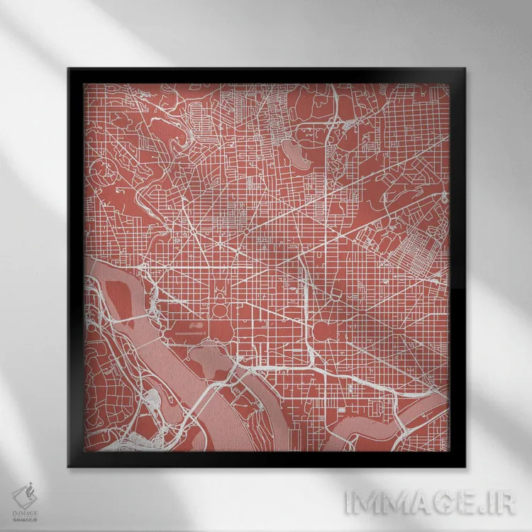 تابلو نقشهٔ جادههای شهری واشینگتن دیسی (صورتی) اثر اوربانمپ (نقشه شهری؛ استودیو نقشه یا طراح) - نمای قابدار مشکی