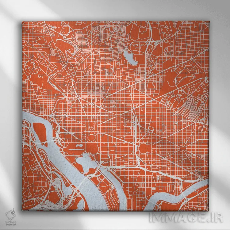 تابلو نقشهٔ جادههای شهری واشینگتن دیسی (قرمز) اثر اوربانمپ (نقشه شهری؛ استودیو نقشه یا طراح) - نمای روبهرو روی دیوار