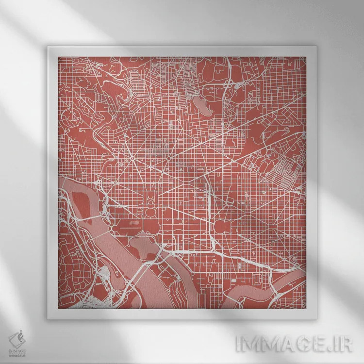 تابلو نقشهٔ جادههای شهری واشینگتن دیسی (صورتی) اثر اوربانمپ (نقشه شهری؛ استودیو نقشه یا طراح) - نمای قابدار سفید
