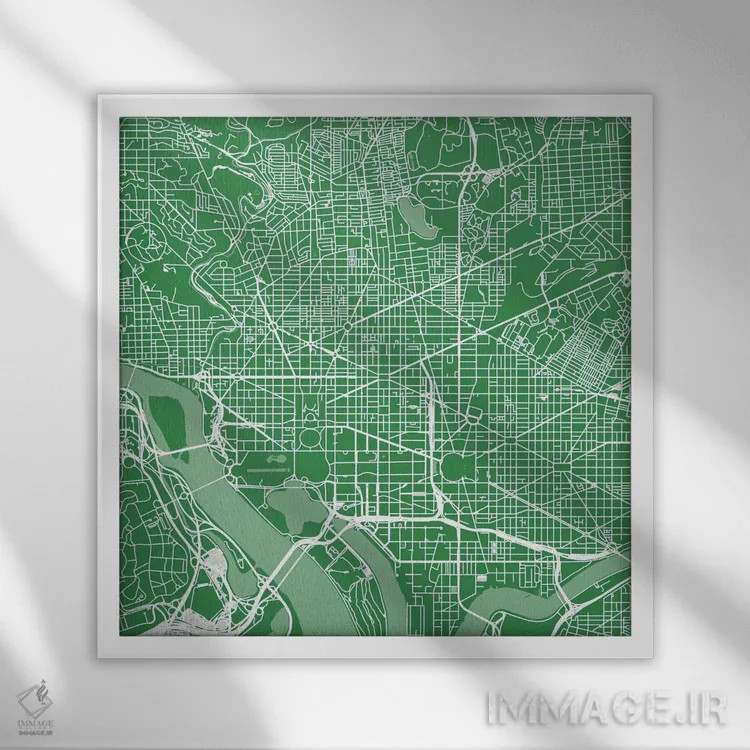 تابلو نقشهٔ جادههای شهری واشینگتن دیسی (سبز) اثر اوربانمپ (نقشه شهری؛ استودیو نقشه یا طراح) - نمای قابدار سفید
