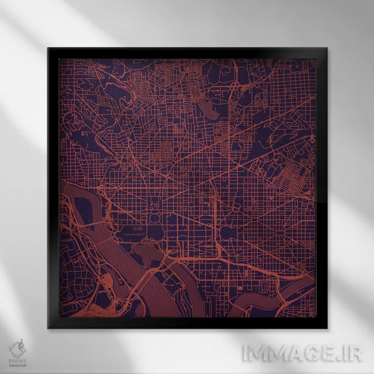 تابلو نقشهٔ جادههای شهری واشینگتن دیسی (شب بنفش) اثر اوربانمپ (نقشه شهری؛ استودیو نقشه یا طراح) - نمای قابدار مشکی