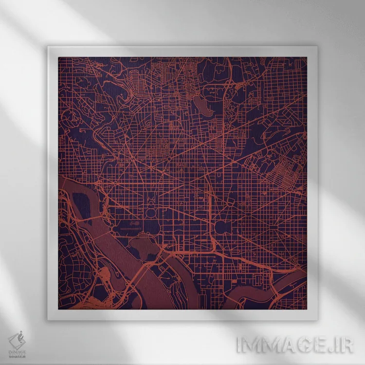 تابلو نقشهٔ جادههای شهری واشینگتن دیسی (شب بنفش) اثر اوربانمپ (نقشه شهری؛ استودیو نقشه یا طراح) - نمای قابدار سفید