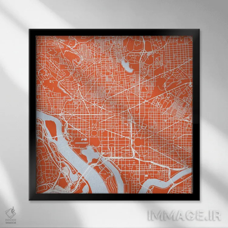 تابلو نقشهٔ جادههای شهری واشینگتن دیسی (قرمز) اثر اوربانمپ (نقشه شهری؛ استودیو نقشه یا طراح) - نمای قابدار مشکی