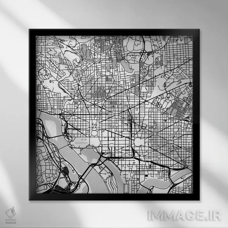 تابلو نقشهٔ جادههای شهری واشینگتن دیسی (سفید) اثر اوربانمپ (نقشه شهری؛ استودیو نقشه یا طراح) - نمای قابدار مشکی