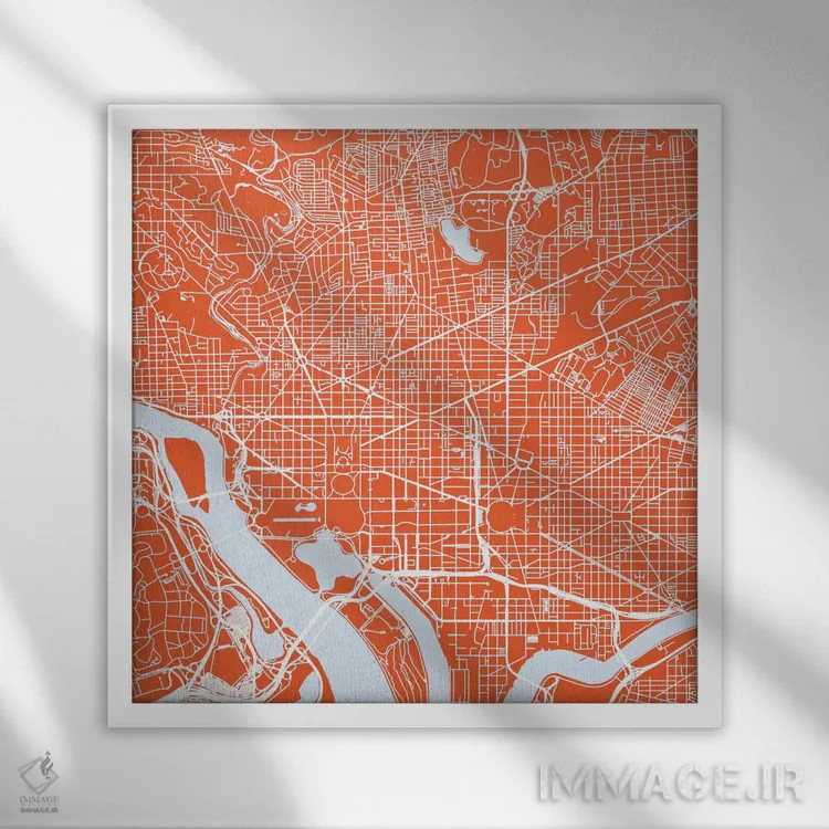 تابلو نقشهٔ جادههای شهری واشینگتن دیسی (قرمز) اثر اوربانمپ (نقشه شهری؛ استودیو نقشه یا طراح) - نمای قابدار سفید