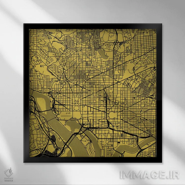 تابلو نقشهٔ جادههای شهری واشینگتن دیسی (زرد) اثر اوربانمپ (نقشه شهری؛ استودیو نقشه یا طراح) - نمای قابدار مشکی